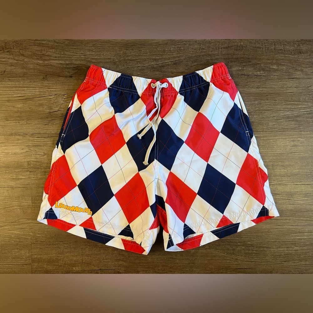 Loudmouth Golf Swim Trunks Board Shorts Blue Red White Argyle Men’s‎ Large I12